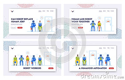 Robots Workers Landing Page Template Set. Human and Droids Waiting in Lobby Sit on Chairs. Characters Hiring at Company Vector Illustration