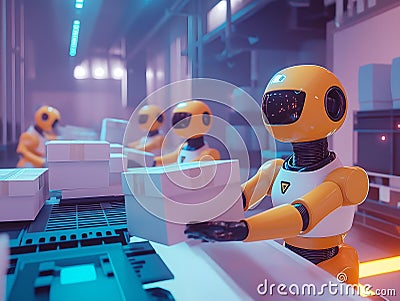 robots working on an assembly line, futuristic factory, modern technology, automated production Stock Photo