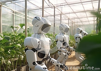 Robots working in a greenhouse. Technology and agriculture concept Stock Photo