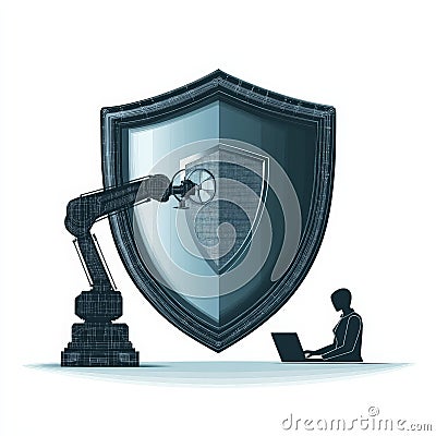 Robust metallic shield robotic arm integration representing cutting edge AI driven security systems industrial grade data Cartoon Illustration