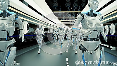 Robôs futuristas de um humanoid, correndo através de um túnel da ficção científica Loopable Robôs futuristas de um humanoid, correndo através de um túnel da ficção científica Loopable