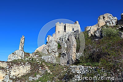 The Castle of Rocca Calascio, mountaintop medieval fortress at 1512 meters above sea level, Abruzzo - Italy Stock Photo