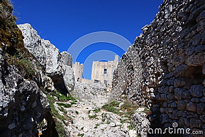 The Castle of Rocca Calascio, mountaintop medieval fortress at 1512 meters above sea level, Abruzzo - Italy Stock Photo