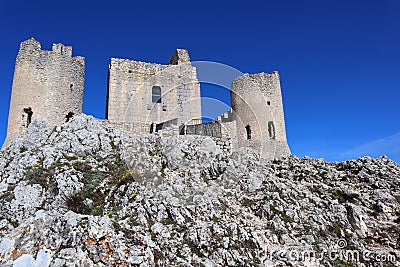 The Castle of Rocca Calascio, mountaintop medieval fortress at 1512 meters above sea level, Abruzzo - Italy Stock Photo