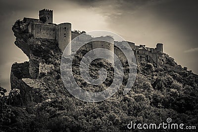 Roccascalegna castle in black and white Stock Photo