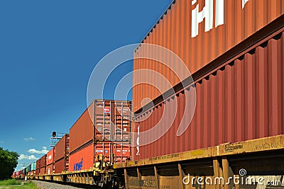 Union Pacific freight train transporting container cars Editorial Stock Photo