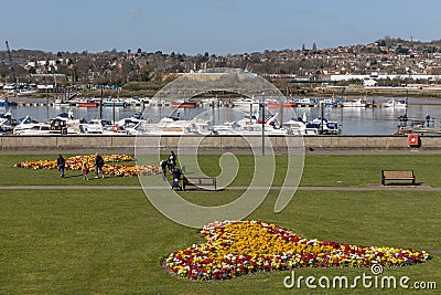 Of gardens next to the River Medway at Rochester on March 24, 2019. Unidentified people Editorial Stock Photo