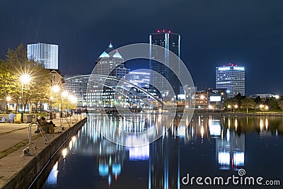 Skyline of Rochester New York at Night Editorial Stock Photo