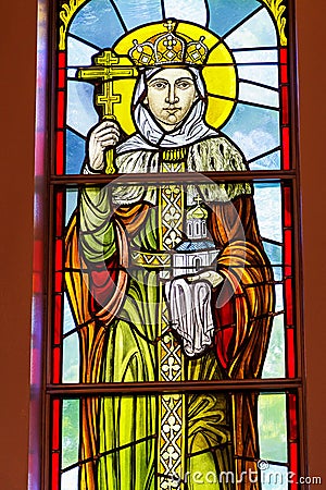 Rochester, USA. June 17, 2018. Princess Olga on a stained glass window. Ukrainian Greek Catholic Church of the Epiphany Editorial Stock Photo