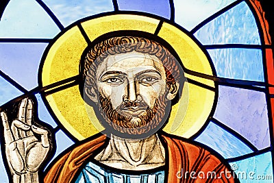 Rochester, USA. June 17, 2018. Saint Peter on a stained glass window. Ukrainian Greek Catholic Church of the Epiphany Editorial Stock Photo