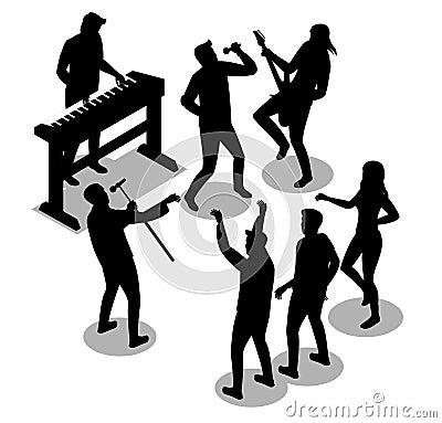 Rock musicians illustration silhouette isometric icons on isolated background Vector Illustration