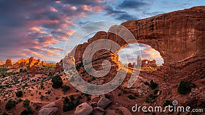 Rock arch, scenic sunset, Arches National Park Stock Photo