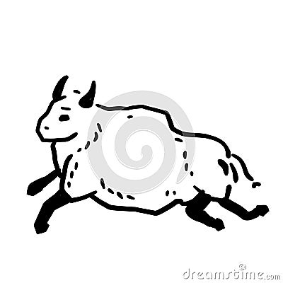 Rock art. Drawing of a bull or ox. Primitive tribal cartoon. Running animal Vector Illustration