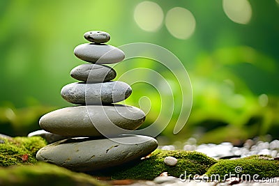 Rock balancing. Stones piled in balanced stacks in front of blurry green garden or forest background Stock Photo