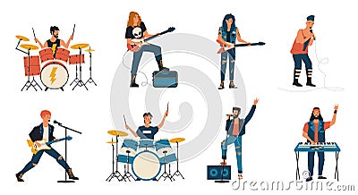 Rock band characters. Cartoon guitar player, vocalist and drummer playing rock music, metal band members. Vector Vector Illustration