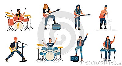 Rock band characters. Cartoon guitar player, vocalist and drummer playing rock music, metal band members. Vector competition rock Vector Illustration