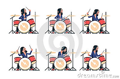 Rock band drummer playing drum set Vector Illustration