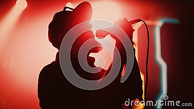 Rock Band Performing at a Concert in a Night Club. Portrait of a Lead Singer Singing into Micropho Stock Photo