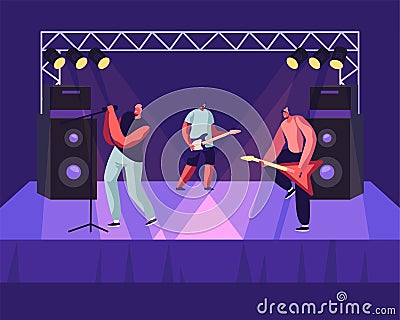 Rock Band Performing Musical Concert on Stage. Electric Guitarists and Singer Stand near Huge Dynamic on Scene, Artists Music Vector Illustration