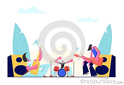 Rock Band Performing on Stage. Electric Guitarists and Drummer Music Concert. Male Artists Playing an Guitar and Drums Vector Illustration