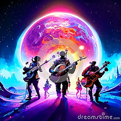 Rock band playing on the road in the moonlight. 3d rendering AI generated Stock Photo