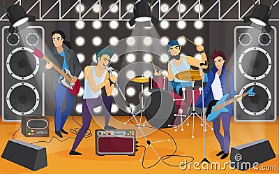 Rock band on the stage. Musical group cartoon vector illustration. Vector Illustration