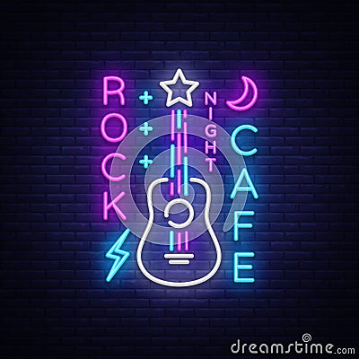 Rock Cafe Logo Neon Vector. Rock Cafe Neon Sign, Concept with guitar, Bright Night Advertising, Light Banner, Live Music Vector Illustration