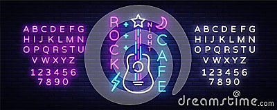 Rock Cafe Logo Neon Vector. Rock Cafe Neon Sign, Concept with guitar, Night Advertising, Light Banner, Live Music Vector Illustration