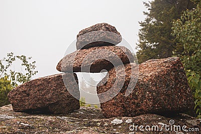 Rock cairn found along trail in Acadia National Park, Maine, USA Stock Photo