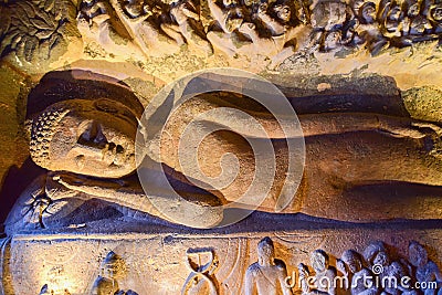 Rock-Carved Reclining Buddha Statue Inside Ajanta Caves Editorial Stock Photo