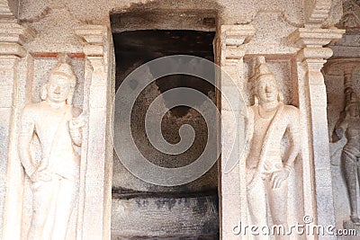 Rock carving inside Krishna Mandapam at Mahabalipuram in Tamil Nadu, India Stock Photo