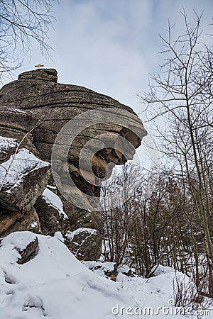 Rock Church in the winter forest near Belokurikha, Altai, Russia Stock Photo