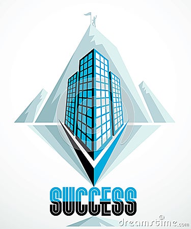 Rock climber as a concept of reaching goal of success behind of modern architecture business office building. Career concept. Vector Illustration