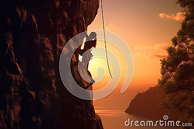 Rock climber in the evening a young woman of an overhanging cliff Stock Photo