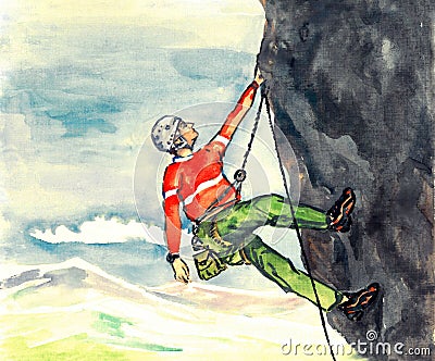 Rock climber hanging on rope on high rocky mountain, soft landscape background, hand painted watercolor Cartoon Illustration