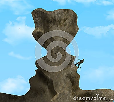 A rock climber scales a rock formation that outlines two faces in the sky Cartoon Illustration