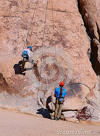Rock Climbers on Boulders in Joshua Tree National Park California Editorial Stock Photo