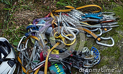 Rock climbing belay equipment on the ground Stock Photo