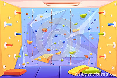 Rock climbing wall with grips, mats and ropes Vector Illustration