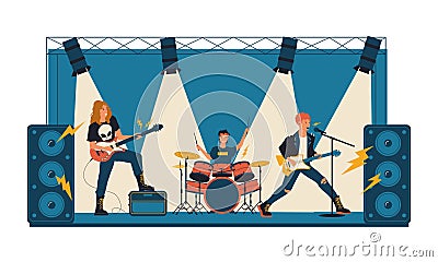 Rock concert. Metal band playing music on stage illuminated by spotlights. Youth musical festival. Popular people singing with Vector Illustration