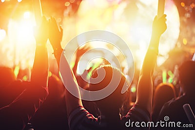 Rock concert party event. Music festival and Lighting stage concept. Youth and Fan club concept. People and Lifestyle theme. Ora Stock Photo