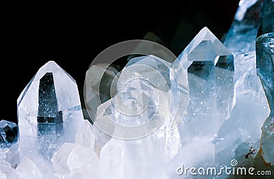 Rock crystals quartz cluster black background Stock Photo