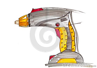 rock drill, drilling machine builder illustration with markers sketch Cartoon Illustration