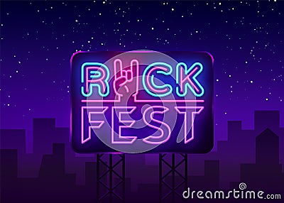 Rock Fest logo in neon style. Rock Festival neon night sign, design template vector illustration for Rock Festival Vector Illustration