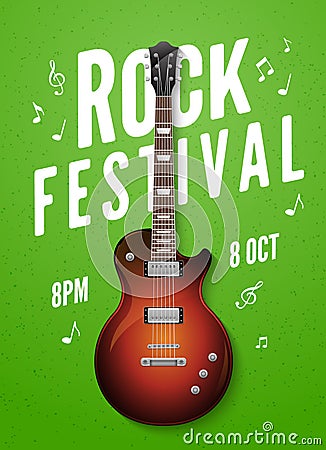 Rock festival flyer event design template with guitar. Music band live concert billboard poster Vector Illustration