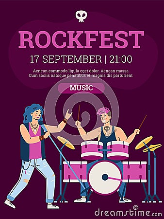 Rock festival, musical concert with performance musicians, singers, music bands. Vector Illustration