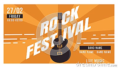 Rock festival, musical performance, guitar, advertisement invitation flyer, vector illustration. Live, play music Vector Illustration