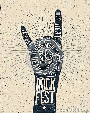 Rock Festival poster. Rock and roll hand sign. Vector Illustration