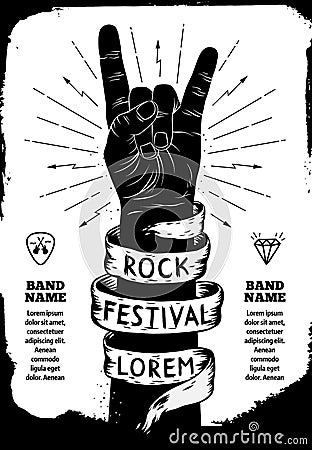 Rock festival poster. Rock and Roll hand sign Vector Illustration