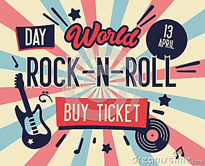 Rock Festival Poster. World Rock-n-Roll Day Banner with Guitar for Flyer, Brochure, Cover. Live Music Concert Design Template Vector Illustration